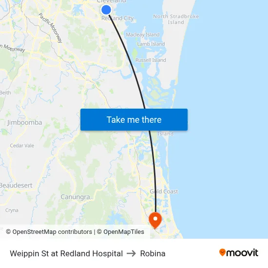 Weippin St at Redland Hospital to Robina map
