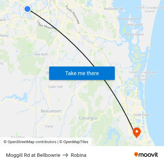 Moggill Rd at Bellbowrie to Robina map