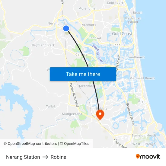 Nerang Station to Robina map