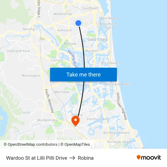 Wardoo St at Lilli Pilli Drive to Robina map