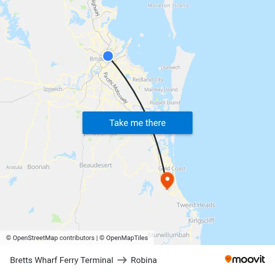 Bretts Wharf Ferry Terminal to Robina map