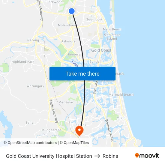 Gold Coast University Hospital Station to Robina map