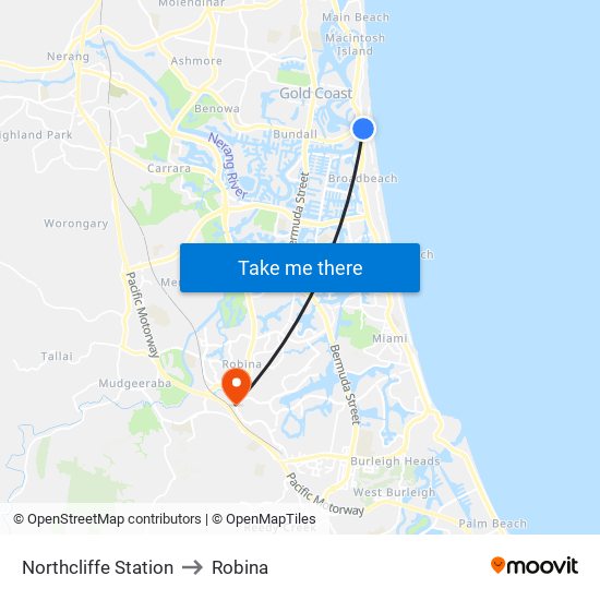 Northcliffe Station to Robina map