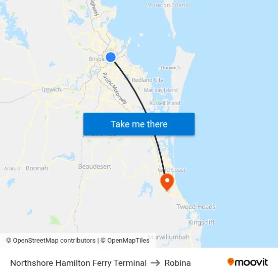 Northshore Hamilton Ferry Terminal to Robina map