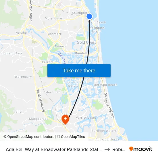 Ada Bell Way at Broadwater Parklands Station to Robina map