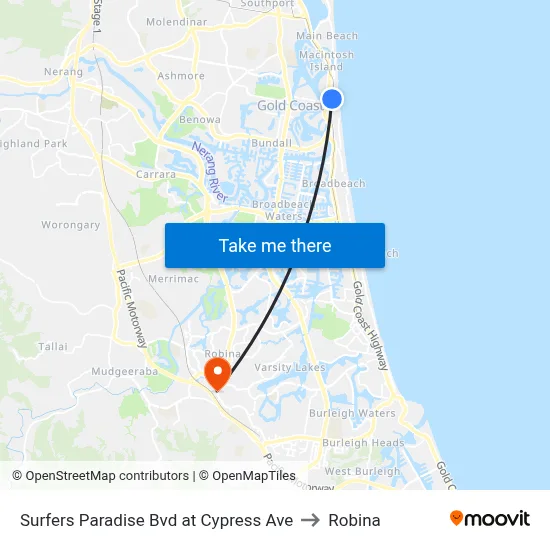 Surfers Paradise Bvd at Cypress Ave to Robina map