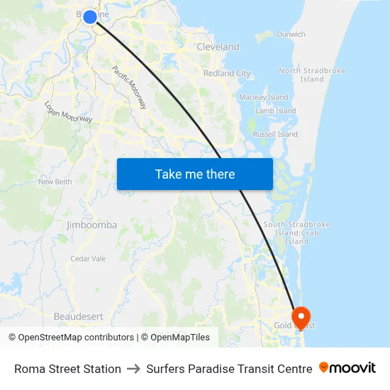 Roma Street Station to Surfers Paradise Transit Centre map