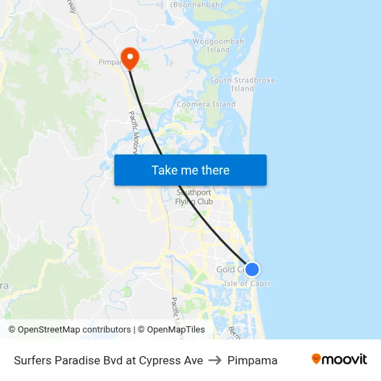 Surfers Paradise Bvd at Cypress Ave to Pimpama map