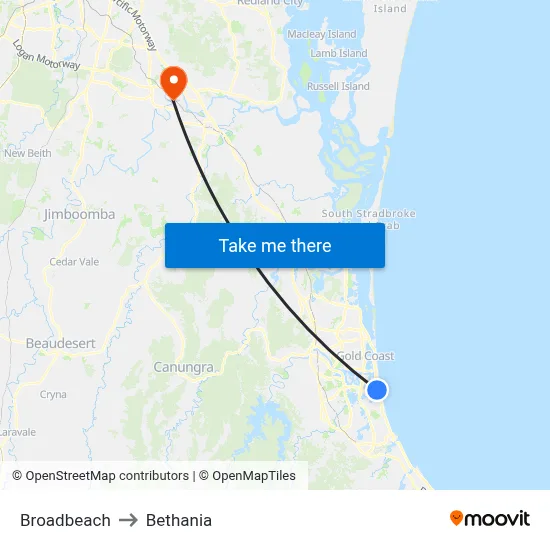 Broadbeach to Bethania map