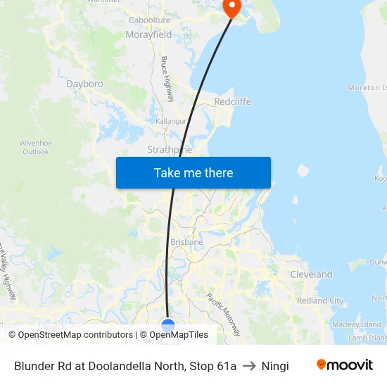 Blunder Rd at Doolandella North, Stop 61a to Ningi map