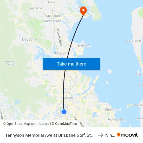 Tennyson Memorial Ave at Brisbane Golf, Stop 36 to Ningi map