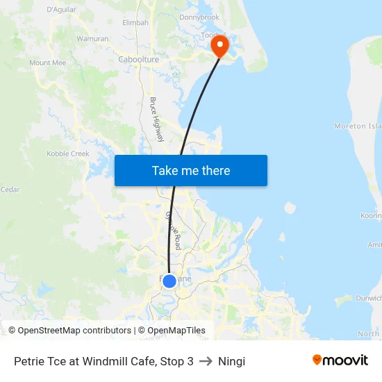 Petrie Tce at Windmill Cafe, Stop 3 to Ningi map