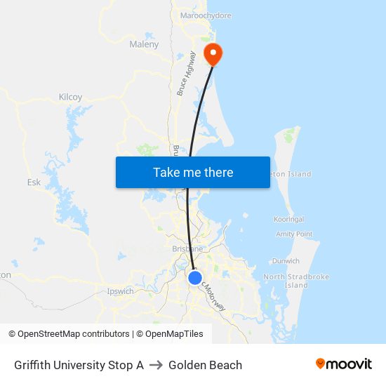 Griffith University Stop A to Golden Beach map