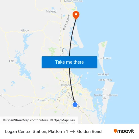 Logan Central Station, Platform 1 to Golden Beach map