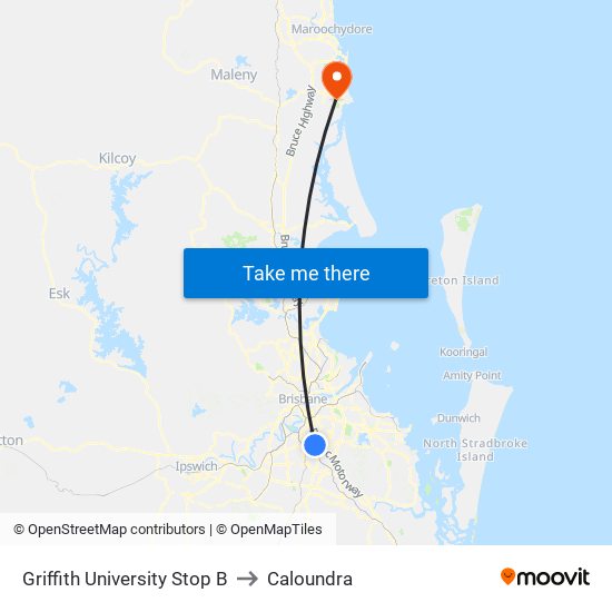 Griffith University Stop B to Caloundra map