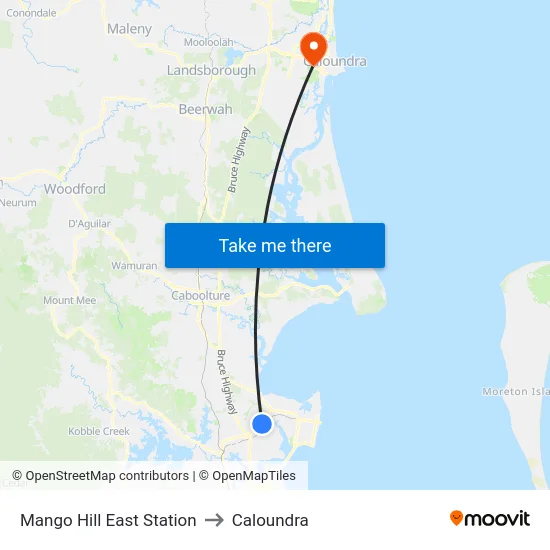 Mango Hill East Station to Caloundra map