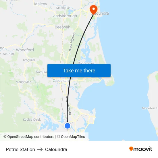 Petrie Station to Caloundra map