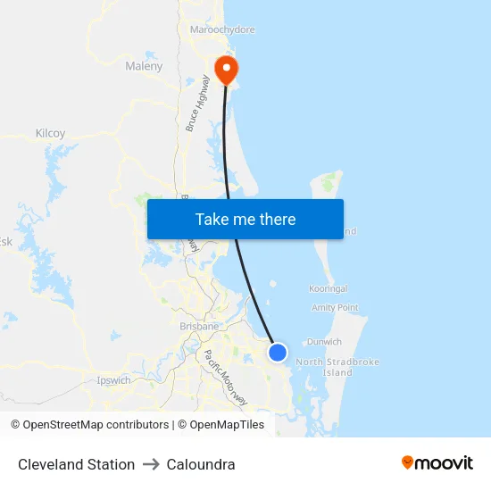 Cleveland Station to Caloundra map