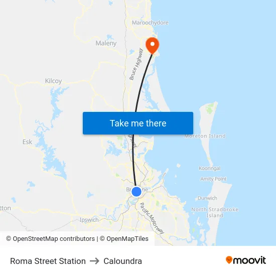 Roma Street Station to Caloundra map