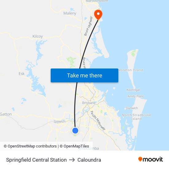 Springfield Central Station to Caloundra map