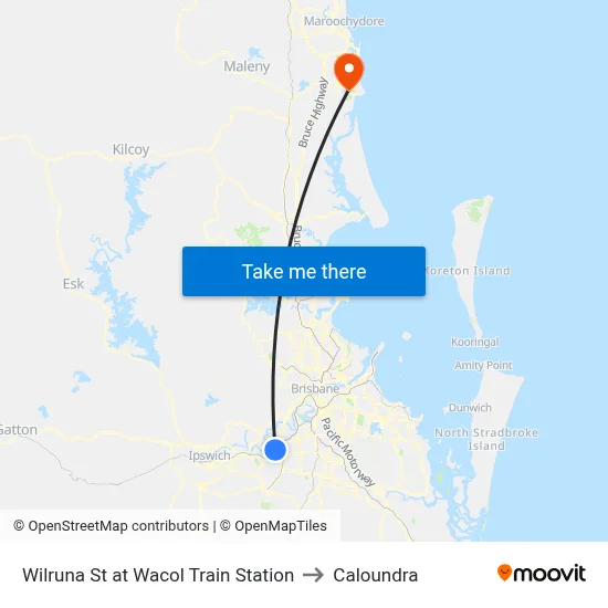 Wilruna St at Wacol Train Station to Caloundra map