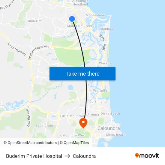 Buderim Private Hospital to Caloundra map