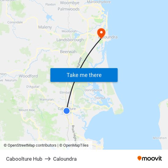 Caboolture Hub to Caloundra map