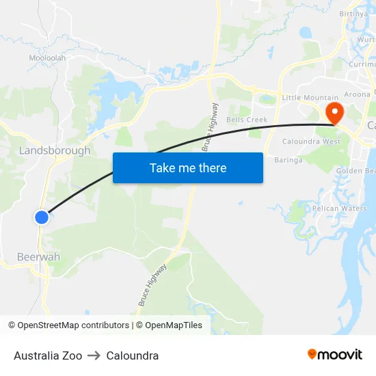 Australia Zoo to Caloundra map