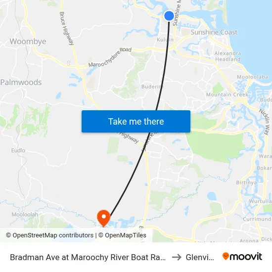 Bradman Ave at Maroochy River Boat Ramp to Glenview map