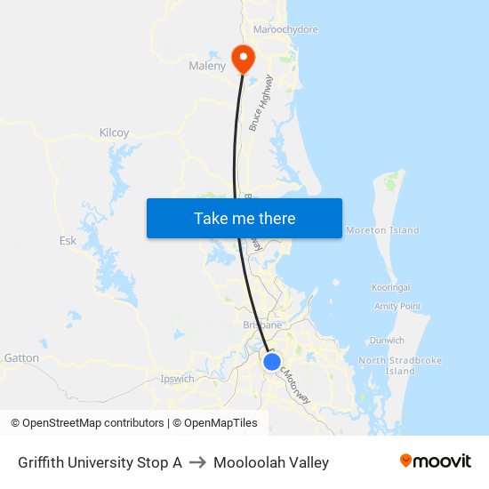 Griffith University Stop A to Mooloolah Valley map