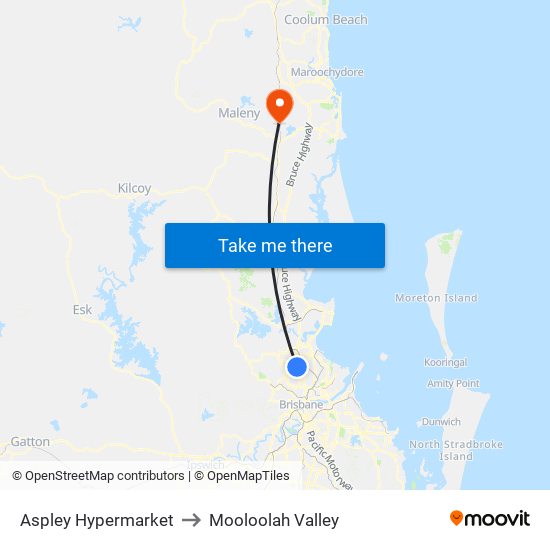 Aspley Hypermarket to Mooloolah Valley map