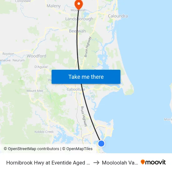 Hornibrook Hwy at Eventide Aged Home to Mooloolah Valley map