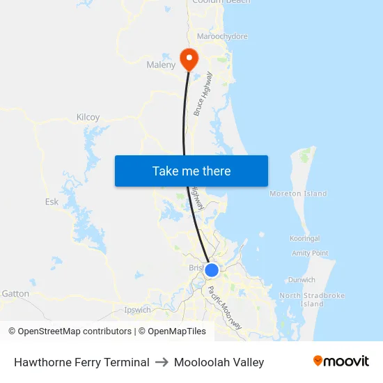 Hawthorne Ferry Terminal to Mooloolah Valley map