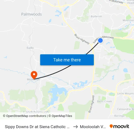 Sippy Downs Dr at Siena Catholic College to Mooloolah Valley map