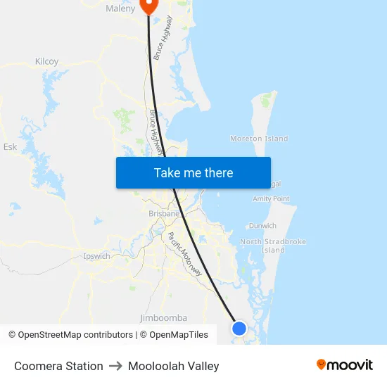 Coomera Station to Mooloolah Valley map