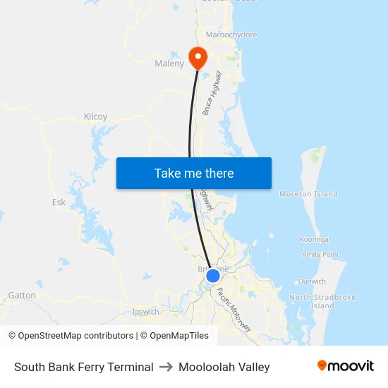 South Bank Ferry Terminal to Mooloolah Valley map