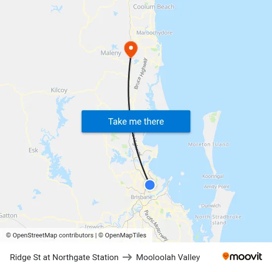 Ridge St at Northgate Station to Mooloolah Valley map