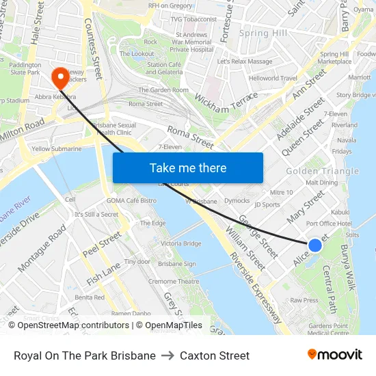 Royal On The Park Brisbane to Caxton Street map