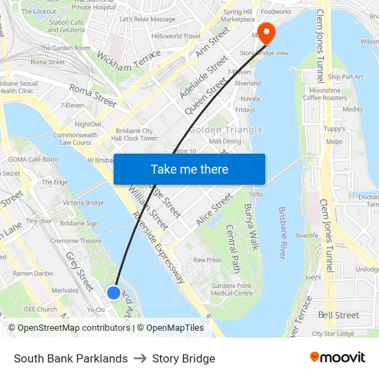 South Bank Parklands to Story Bridge map