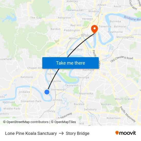 Lone Pine Koala Sanctuary to Story Bridge map