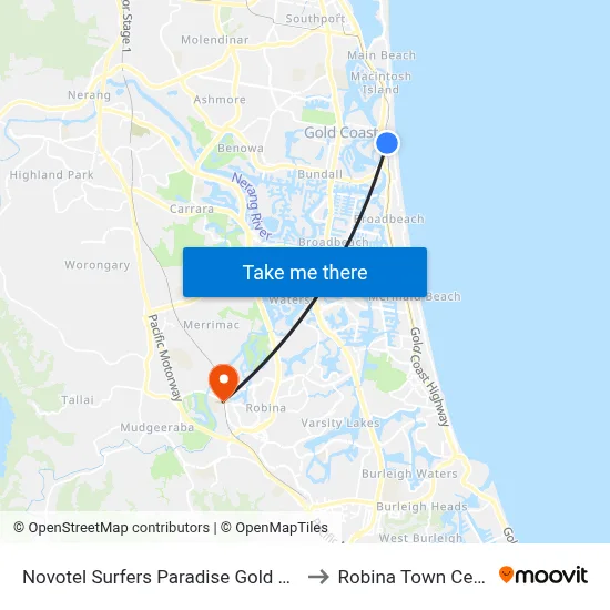 Novotel Surfers Paradise Gold Coast to Robina Town Centre map