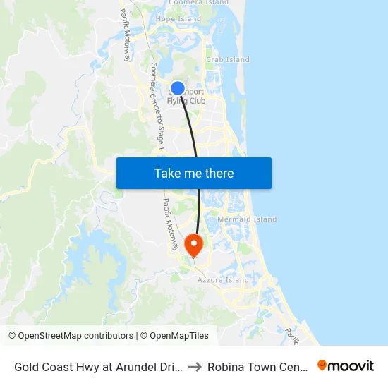Gold Coast Hwy at Arundel Drive to Robina Town Centre map