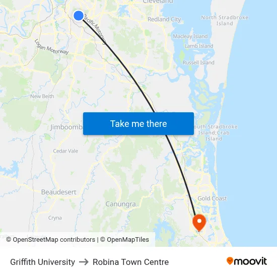 Griffith University to Robina Town Centre map