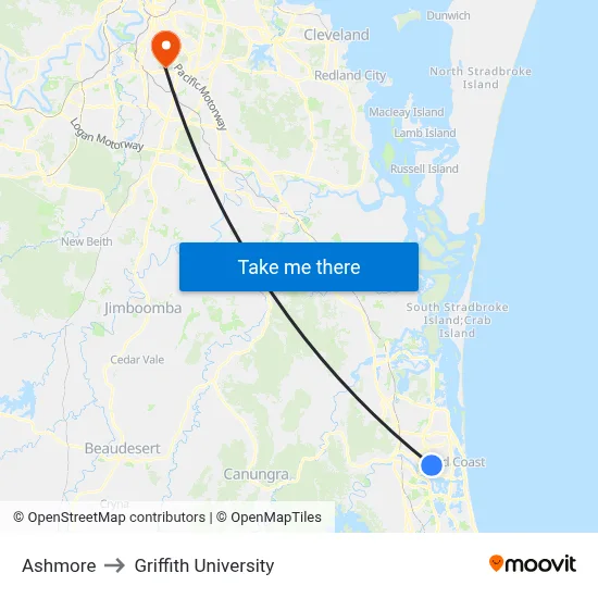 Ashmore to Griffith University map