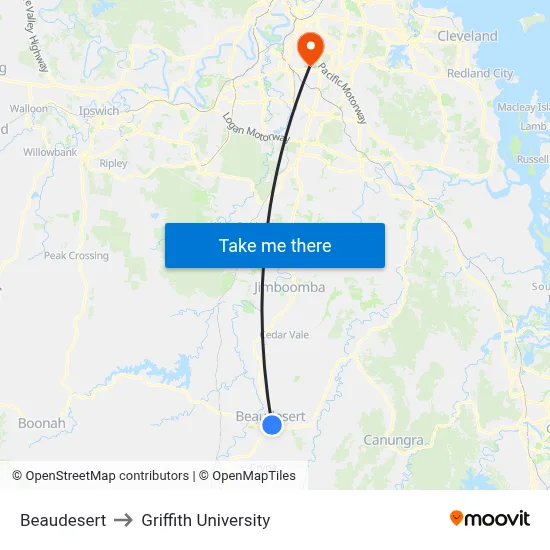 Beaudesert to Griffith University map