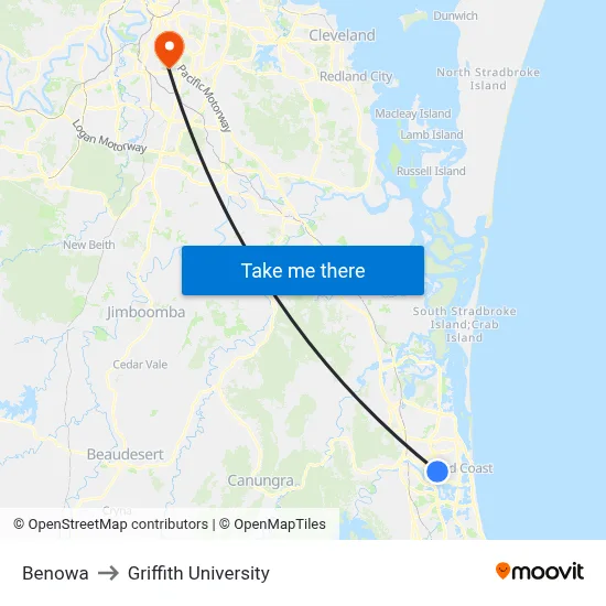 Benowa to Griffith University map