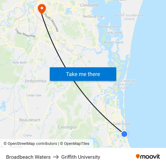 Broadbeach Waters to Griffith University map