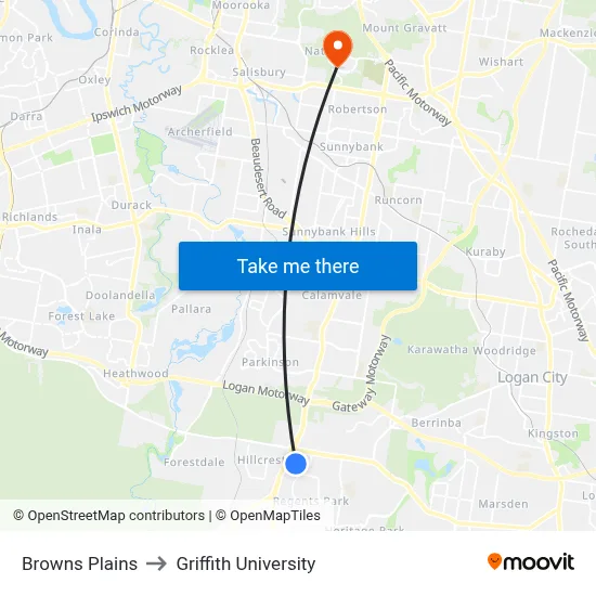 Browns Plains to Griffith University map