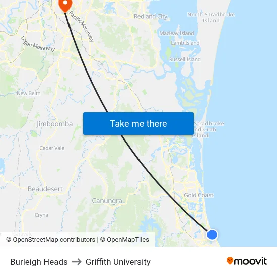 Burleigh Heads to Griffith University map