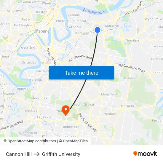 Cannon Hill to Griffith University map